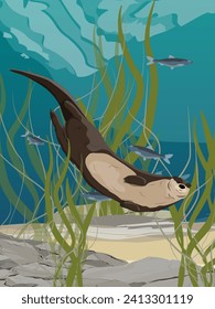 River otter swim in the river. The bottom of the pond with fish, algae. Eurasian otter Lutra lutra. Wild semiaquatic mammal of Eurasia. Realistic vector vertical landscape