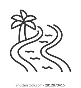 River with palm tree icon in line design. River, nature, landscape, palm tree, tropical, water, stream on white background vector. River with palm tree editable stroke icon