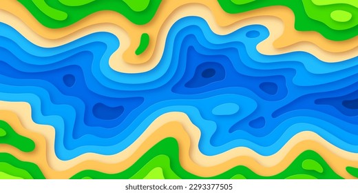 River paper cut topography relief imitation multi layers banner, aerial view. Abstract natural landscape with flowing river and narrow valley, origami paper cut layer smooth shape vector illustration