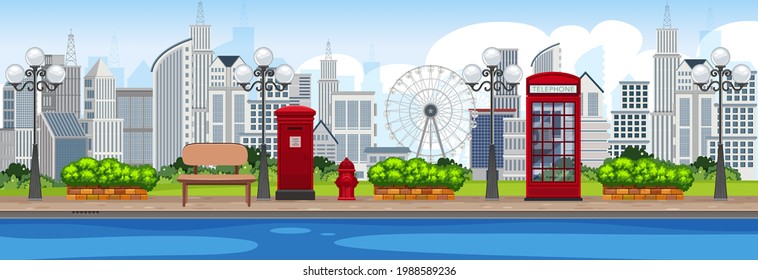River park horizontal scene with cityscape background at day time illustration