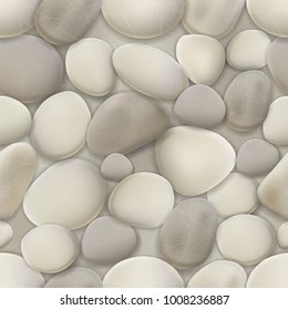 River pebble seamless pattern. Vector realistic background of white and gray stones.