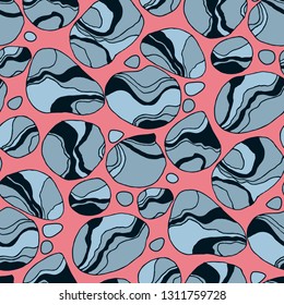 River pebbles hand drawn color seamless pattern. Blue striped rocks marble texture. Sea gravel flat contour drawing. Ocean stones pink background. Textile, wallpaper, wrapping paper abstract design
