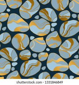 River pebbles hand drawn seamless pattern. Sea rocks golden marble texture. Gradient stones flat contour drawing. Luxury gravel dark blue background. Textile, wallpaper, wrapping paper abstract design