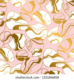River pebbles hand drawn seamless pattern. Pink, white marble rocks golden gradient texture. Abstract stones flat outline drawing. Sea gravel soft background. Textile, wallpaper, wrapping paper design