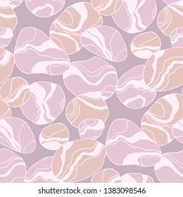 River pebbles hand drawn seamless pattern. Sea rocks marble texture. Abstract gravel flat contour drawing. Pastel stones on purple background. Natural textile, wallpaper, wrapping paper vector design