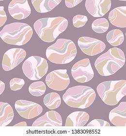 River pebbles hand drawn seamless pattern. Striped rocks soft marble texture. Abstract stones flat outline drawing. Sea gravel on purple background. Textile, wallpaper, wrapping paper vector design