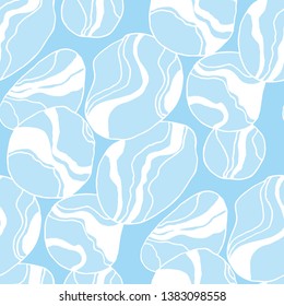River pebbles hand drawn seamless pattern. Blue rocks with white marble texture. Underwater stones flat outline drawing. Sea gravel abstract aqua background. Textile, wallpaper, wrapping paper design