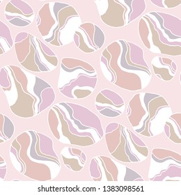 River pebbles hand drawn seamless pattern. Striped rocks marble texture. Abstract gravel flat contour drawing. Pastel sea stones pink soft background. Textile, wallpaper, wrapping paper vector design