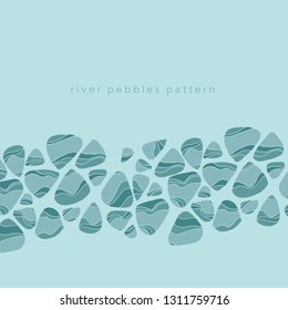 River pebbles hand drawn vector illustration. Striped rock blue underwater texture. Ocean gravel flat aqua background. Type font lettering with copyspace. Banner, poster, greeting card abstract design
