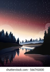 river in pine wood at dusk