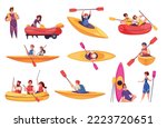 River rafting cartoon icons set with people doing extreme water sports isolated vector illustration