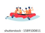 River rafting - cartoon people rowing in inflatable boat wearing safety vests and helmets isolated on white background -extreme water sport team flat vector illustration.