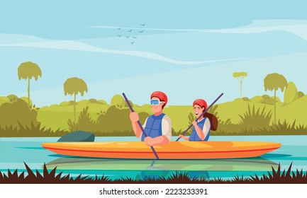 River rafting cartoon poster with young couple in kayak vector illustration