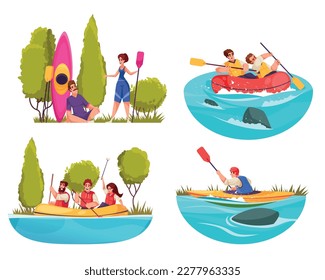 River rafting compositions set with people during extreme water activities isolated vector illustration