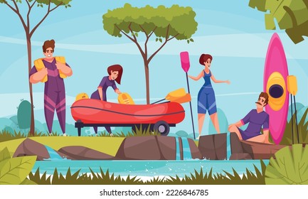 River rafting concept with people in swimsuits holding canoe and rubber boats cartoon vector illustration