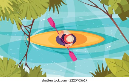 River rafting concept with top view of man in canoe cartoon vector illustration