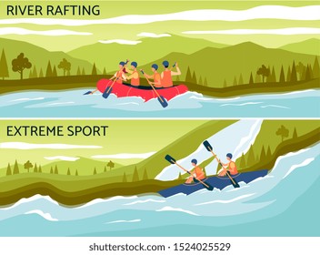 River rafting - extreme water sport banner with cartoon people on boat holding paddles and navigating a raft. Colorful flat vector illustration for active outdoor activity ad.