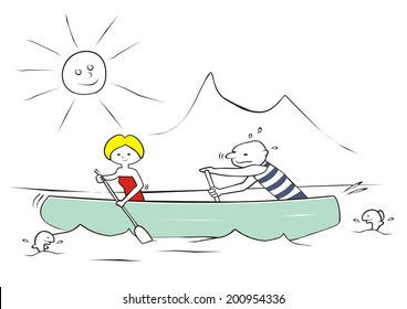 river rafting, lady and man on a canoe, vector illustration