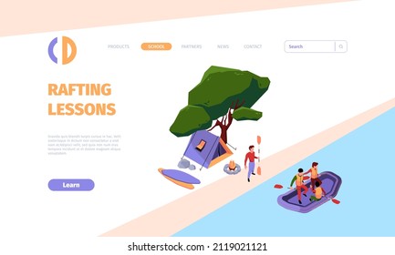River rafting landing. Outdoor extreme water sport adventure travelling on ship kayak garish vector web page template