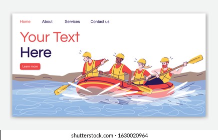 River rafting landing page vector template. Extreme activity. People in raft. Indonesia tourism website interface idea with flat illustrations. Homepage layout. Web banner, webpage cartoon concept