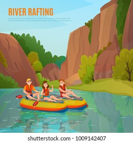 River rafting people composition with cartoon style human characters and mountain river landscape with editable text vector illustration