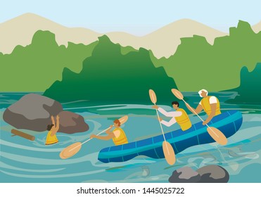 River Rescuers Team Cartoon Vector Illustration. Marine Search and Rescue, Coast Guard. Emergency Service, Dangerous Situation. Water Accident and First Aid. People Wearing Safety Vests, Paddling