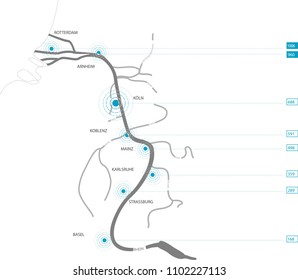 River Rhine with kilometers