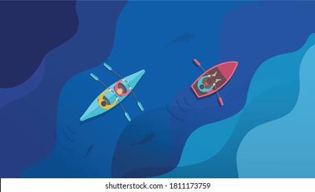 river road with two boats. Top view.