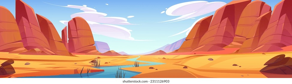 Río en el fondo del paisaje de caricaturas del desierto de los cañones rocosos. Arena seca y montaña caliente en el parque nacional utah con piedra de roca. Formación de un antiguo acantilado cerca de la ilustración de verano panorámica del agua.