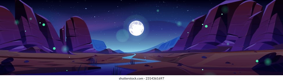 Río en el desierto de los cañones de roca, paisaje de dibujos animados nocturnos de fondo. Tierra de arena seca y montaña oscura en el parque nacional utah con piedras de roca. Formación de un antiguo acantilado cerca del agua bajo luz de luna llena