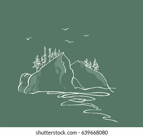 
River, rocks, forest and birds - the draft of harmony
