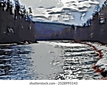 Ein Fluss mit Felsen auf dem Hintergrund eines Waldes. Ölgemalte Bilderzeichnung. Moderne Malerei. Kunstwerk auf Leinwand.