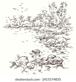 Vectores de ríos y rocas para tarjeta, decoración, ilustración