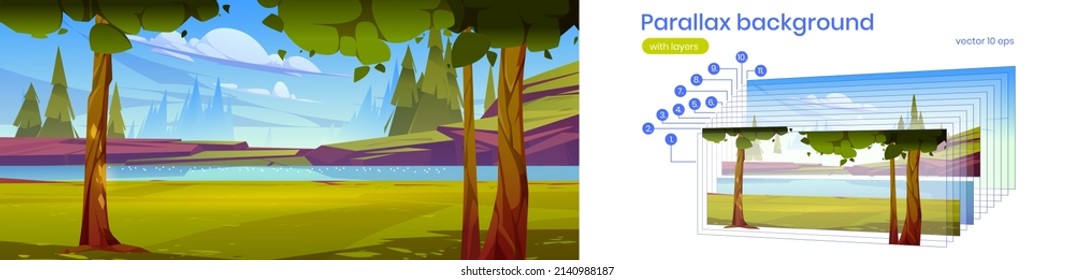 River with rocky shore, trees and coniferous forest on horizon. Vector parallax background ready for 2d animation with cartoon summer landscape with water stream, stones and green grass