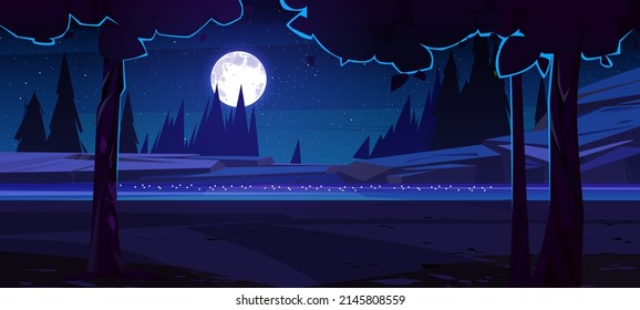 River with rocky shore and trees silhouettes at night. Vector cartoon illustration of summer landscape, countryside with water stream, stones, coniferous forest, full moon and stars in dark sky