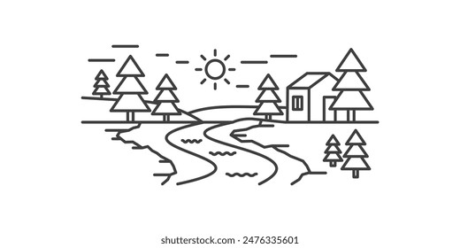 River rural landscape with pine forest and house on bank, line icon vector illustration