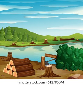 River scene with chopped woods on the banks illustration