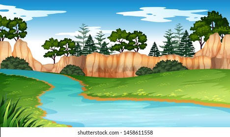 River scene with cliffs in background illustration