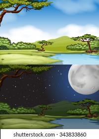 River scene at daytime and nighttime illustration