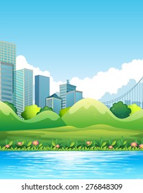 Flussszene mit Innenstadt im Hintergrund