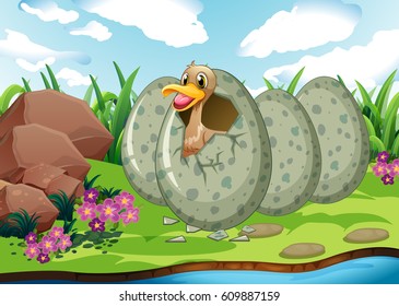 River scene with duck hatching egg illustration