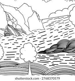 A river scene featuring a flowing river, towering cliffs, and trees lining the riverbanks.
