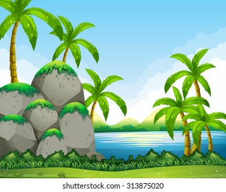River scene with field and trees illustration