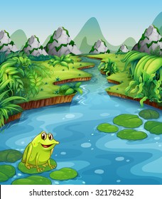 River scene with frog on leaf illustration