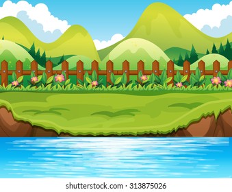 Escena del río con ilustración de fondo montañoso