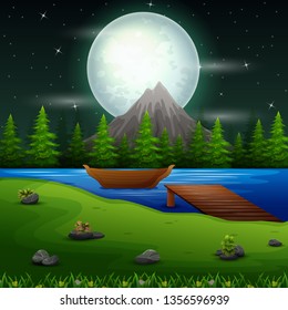 River scene on the full moon night with boat and bridge or pier