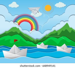 River scene with paper boat floating illustration