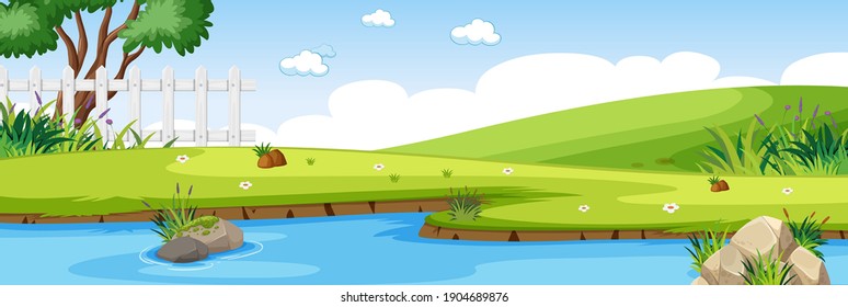 River scene in the park and green meadow horizontal scene illustration