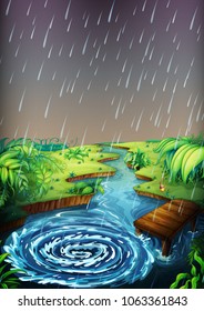 River scene with rain falling illustration