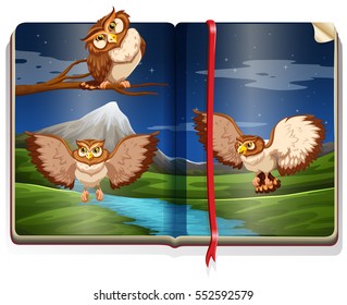 River scene with three owls in the book illustration